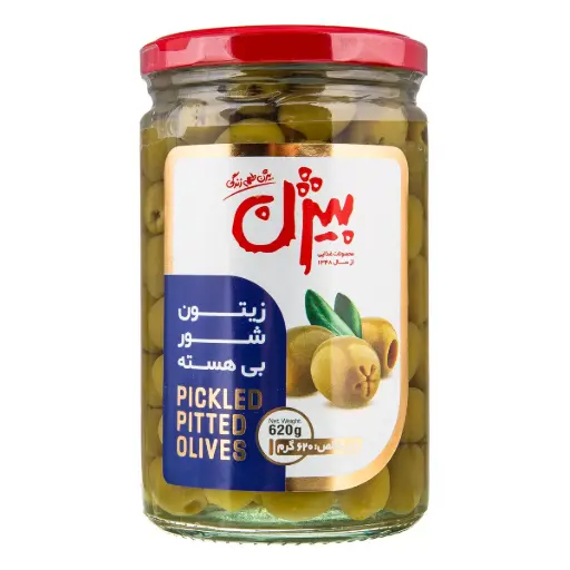 بیژن - زیتون سبز بدون هسته شور - شیشه 620 گرمی (12 عدد در کارتن)