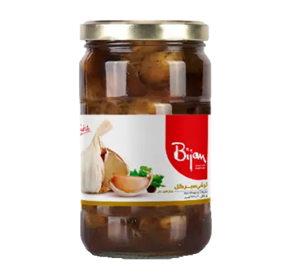 بیژن - ترشی سیر قهوه ای گل - شیشه 630 گرمی (12 عدد در کارتن)